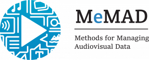 MeMAD logo, a blue play sign with icons of text, sound and images, and text MeMAD Methods for Managing audiovisual data.