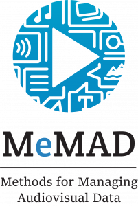 MeMAD logo, a blue play sign with icons of text, sound and images, and text MeMAD Methods for Managing audiovisual data.