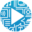 MeMAD logo, a blue play sign with icons of text, sound and images.