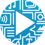 MeMAD logo, a blue play sign with icons of text, sound and images.